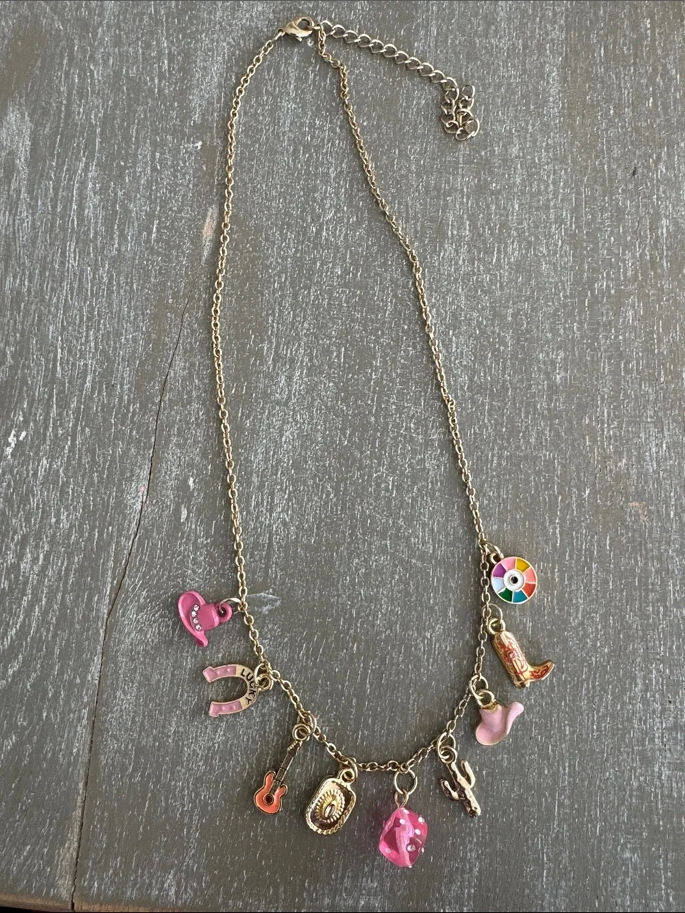 Gold-Tone Western Charm Necklace with Pink & Multicolor Accents